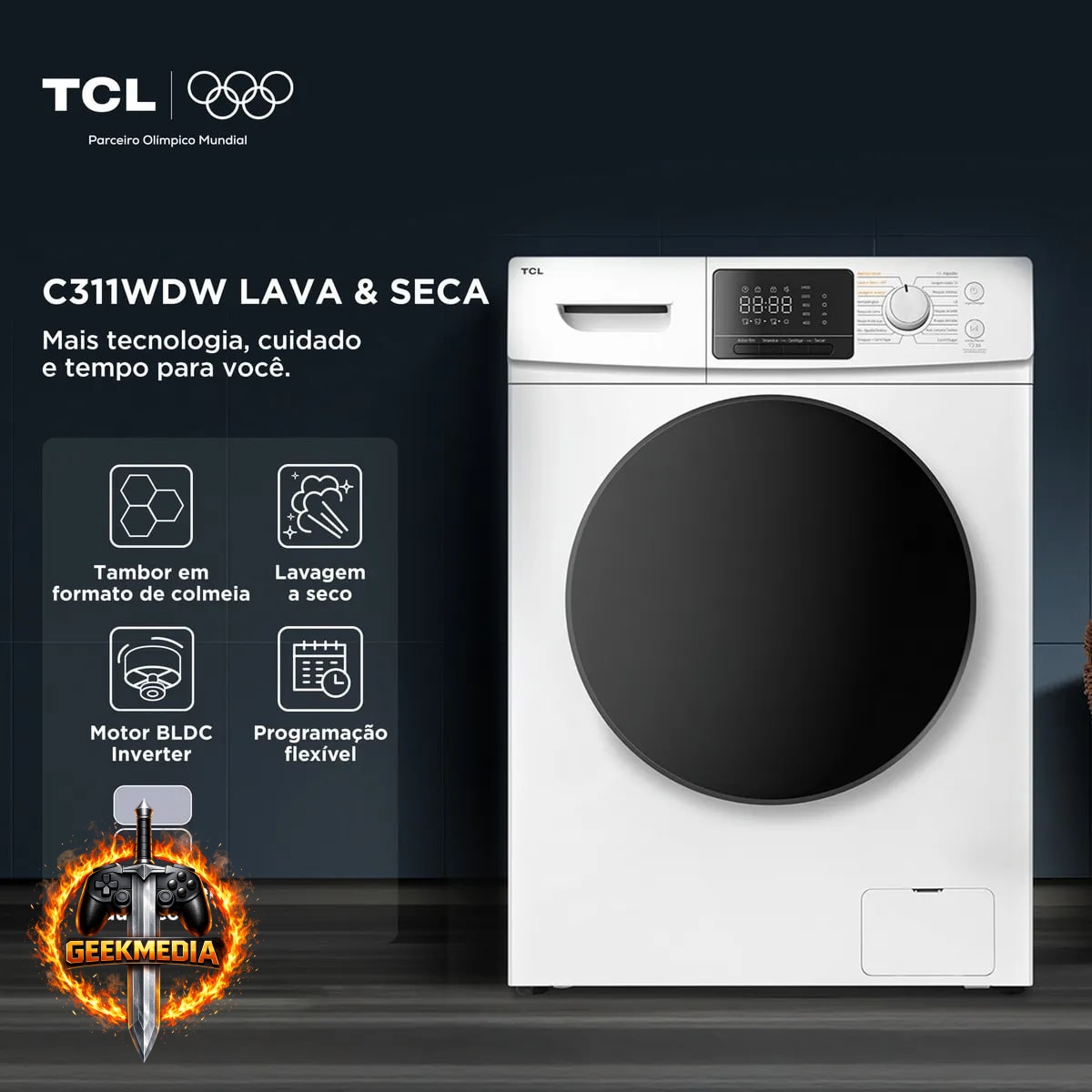 Lava e Seca TCL 11Kg/7Kg Inverter Branca
