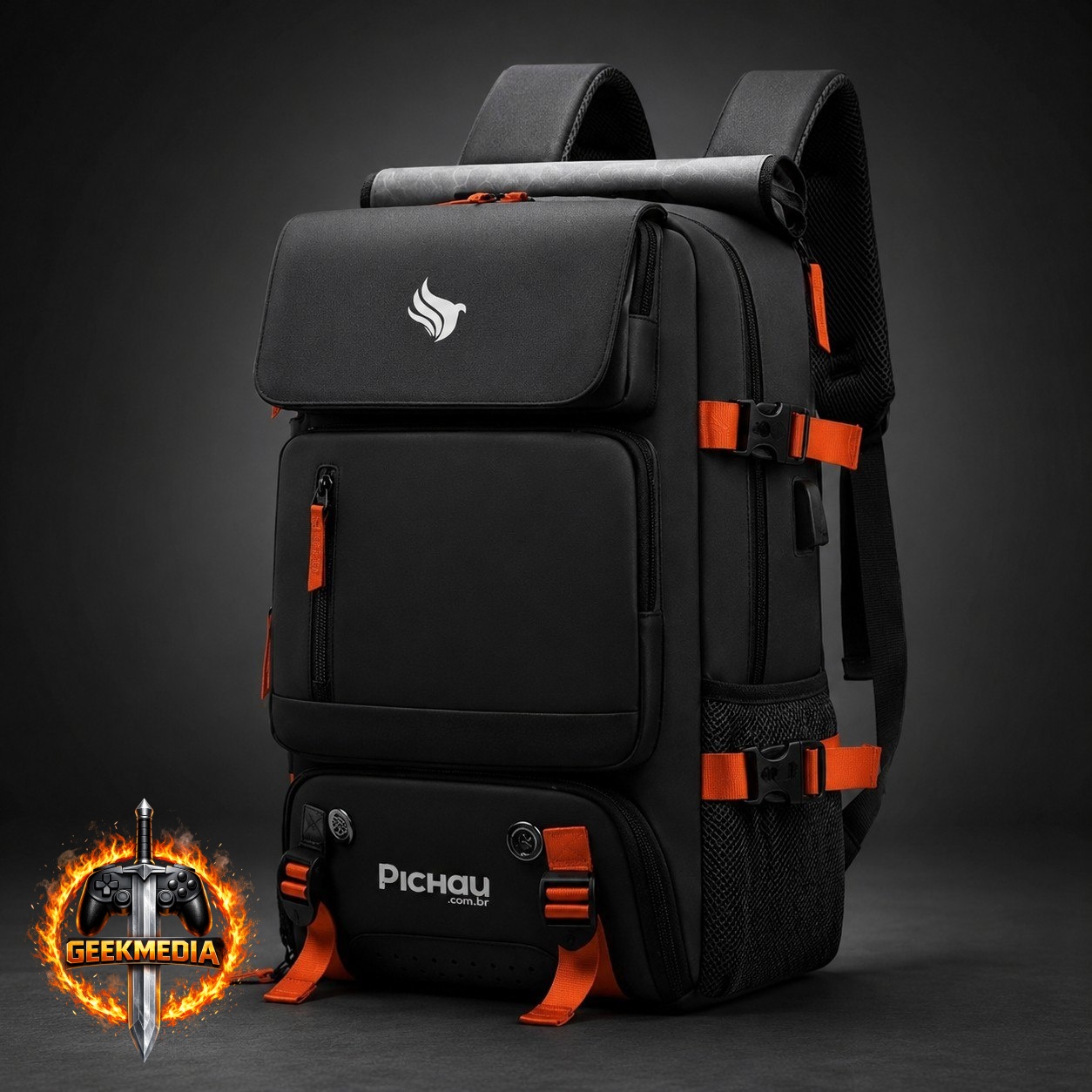 Mochila Pichau Vulcan, Preto e Vermelho