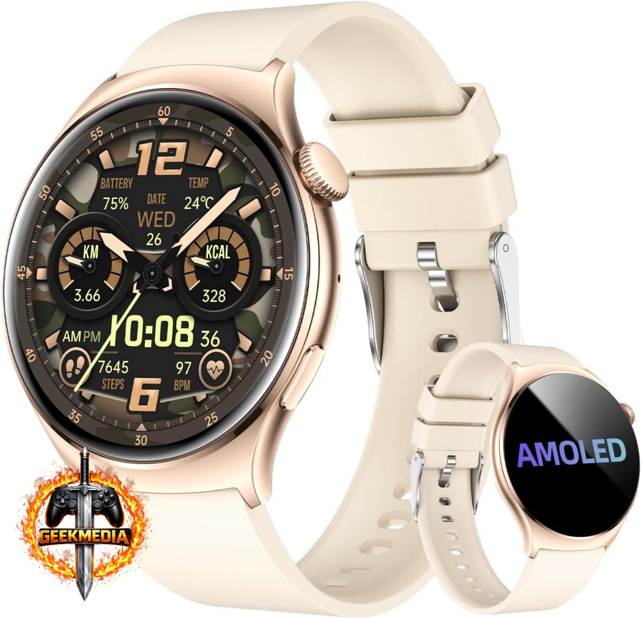 Bettdow Smartwatch Feminino Redondo AMOLED 1.43" Bege