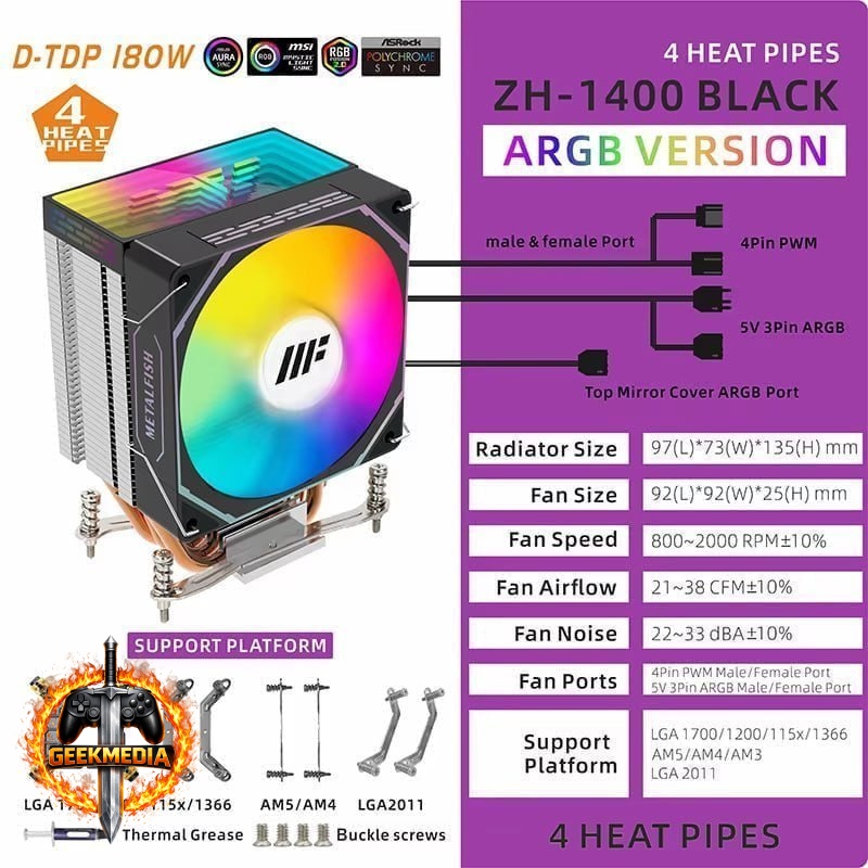 Air Cooler Metalfish Zh-1400 ARGB 4 Heatpipes