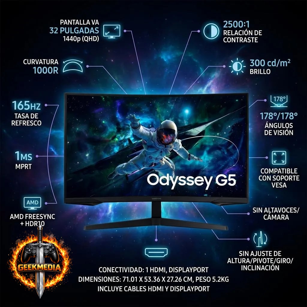 Monitor Gamer Samsung Odyssey G5 32" QHD 165Hz 1ms