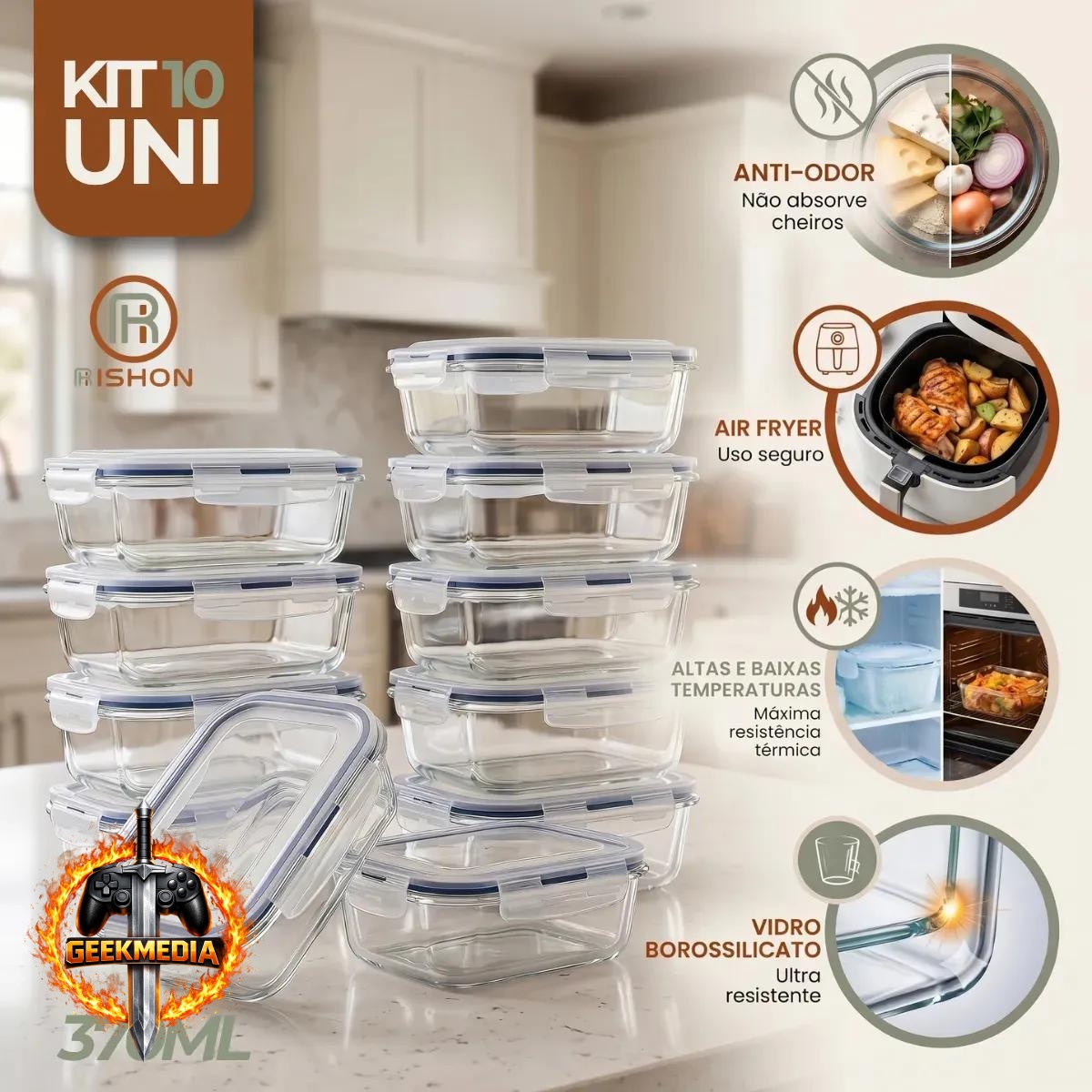 Kit 10 Potes de Vidro Herméticos Rishon 370ml
