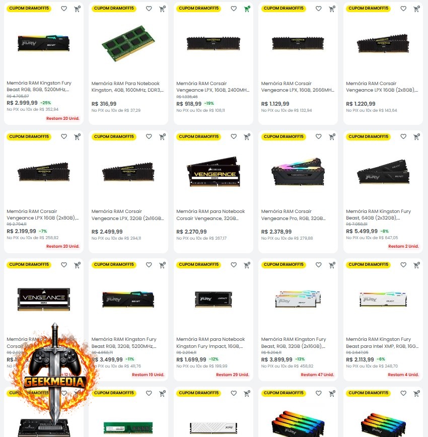 15% OFF em Memória RAM - Selecionados