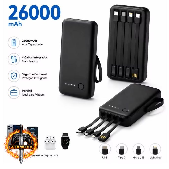 Power Bank Portátil 12000/26000mAh com 4 Cabos USB Integrados