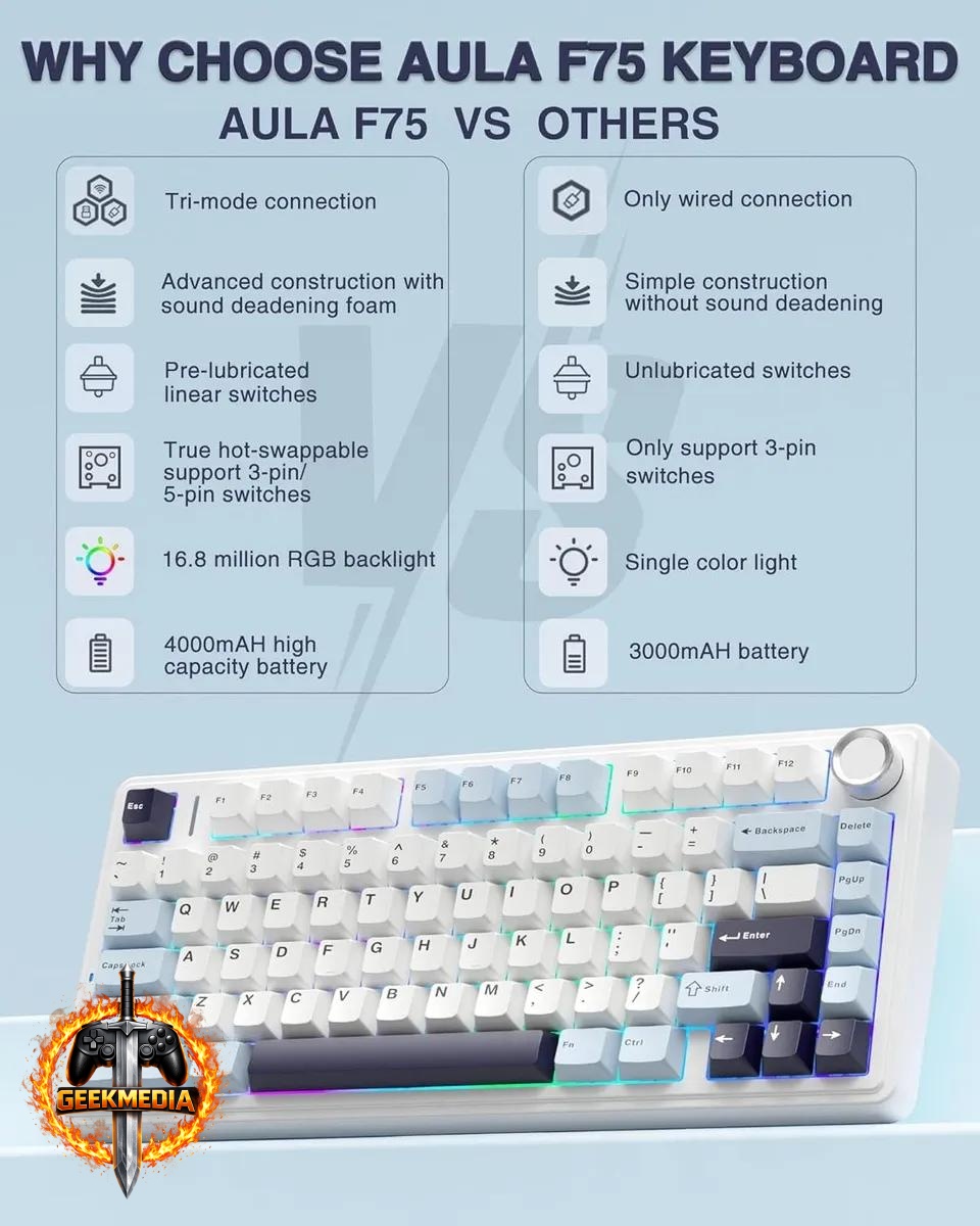 Teclado Mecânico Aula F75 75% Wireless RGB