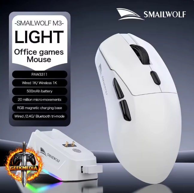Mouse Gamer Smailwolf M3 Tri-Mode 12000 DPI Branco