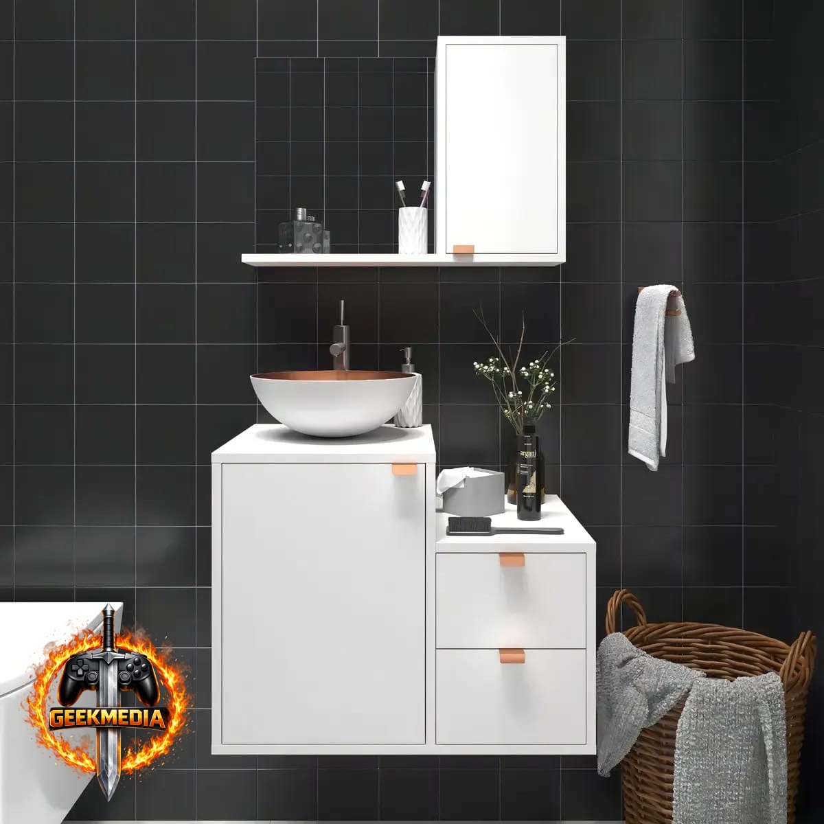 Kit Gabinete Banheiro Cuba  Armário  Espelheira Branco com Cobre