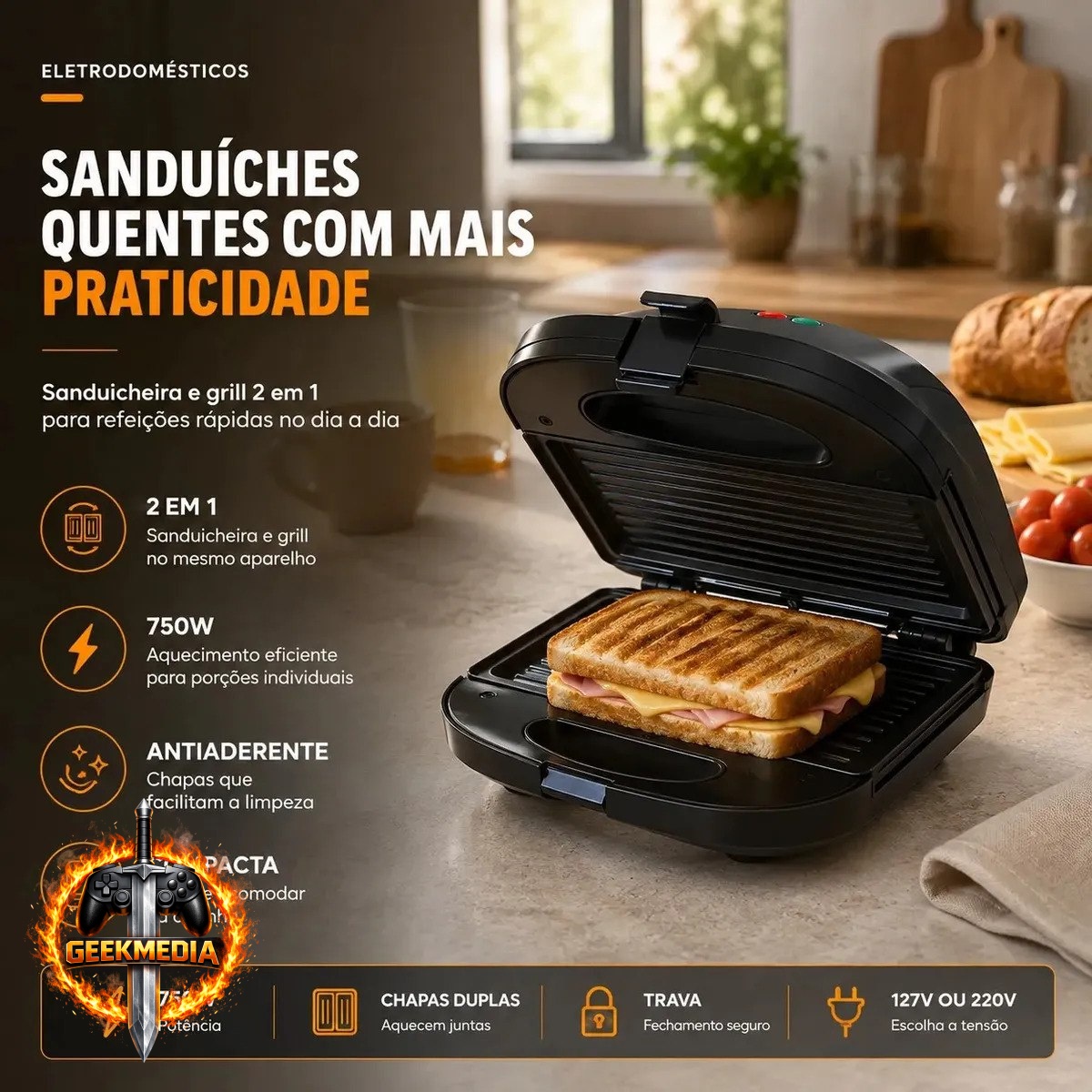 Sanduicheira Elétrica Luxe Grill 2 em 1 Viacruz