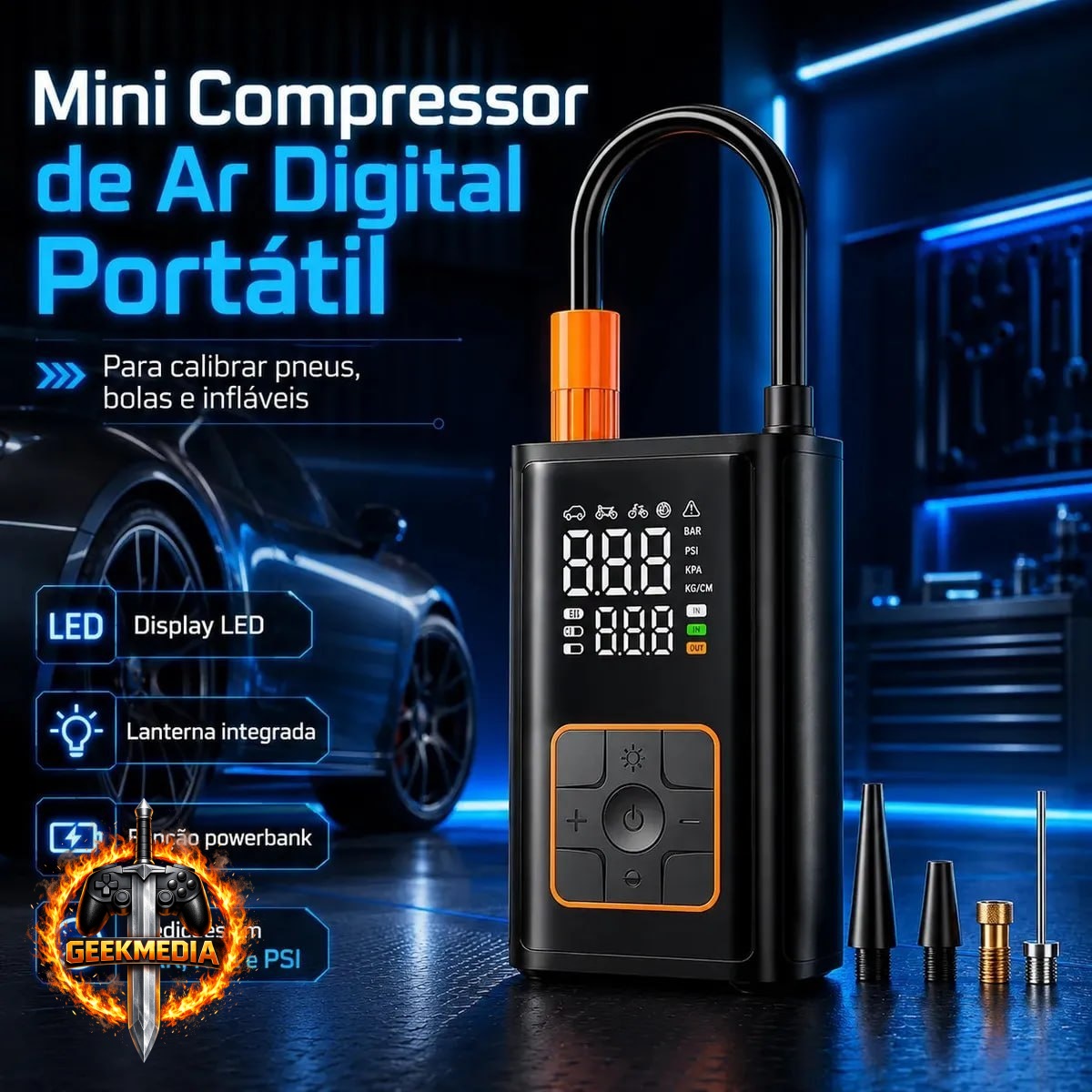 Compressor de Ar Digital Mini Portátil Recarregável