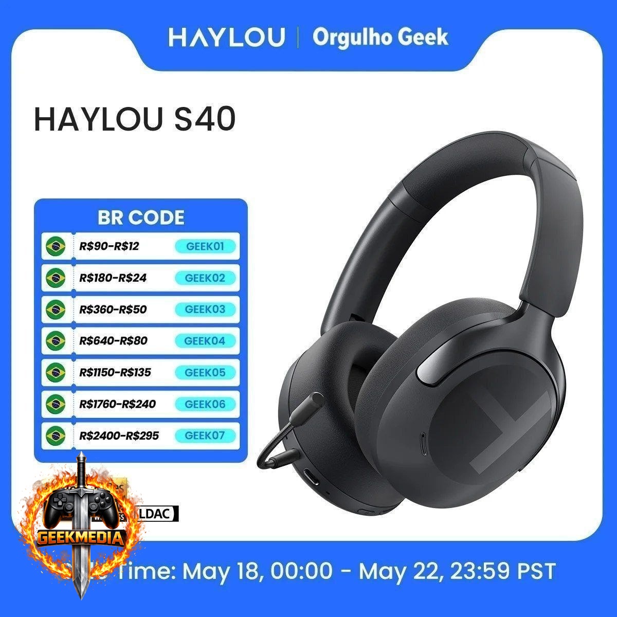 Headphone Haylou S40 com Cancelamento de Ruído 50db ANC