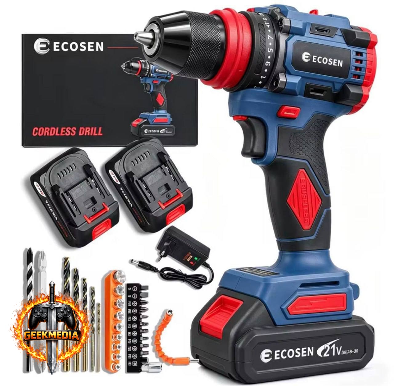 Furadeira/Parafusadeira Brushless 21V com Kit Completo e 2 Baterias