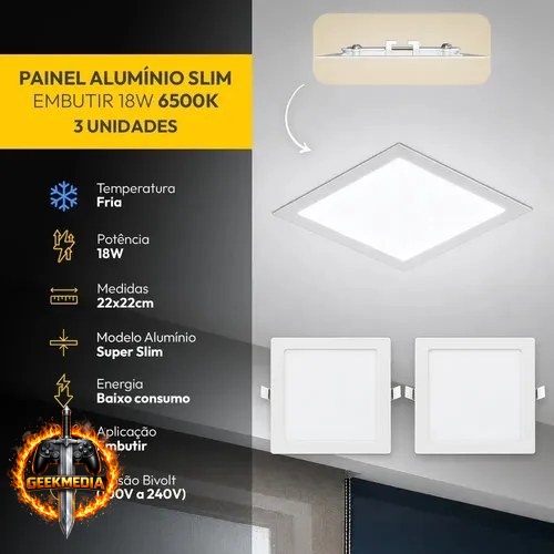Kit 3 Painel LED Plafon Embutir Quadrado 18W 6500K