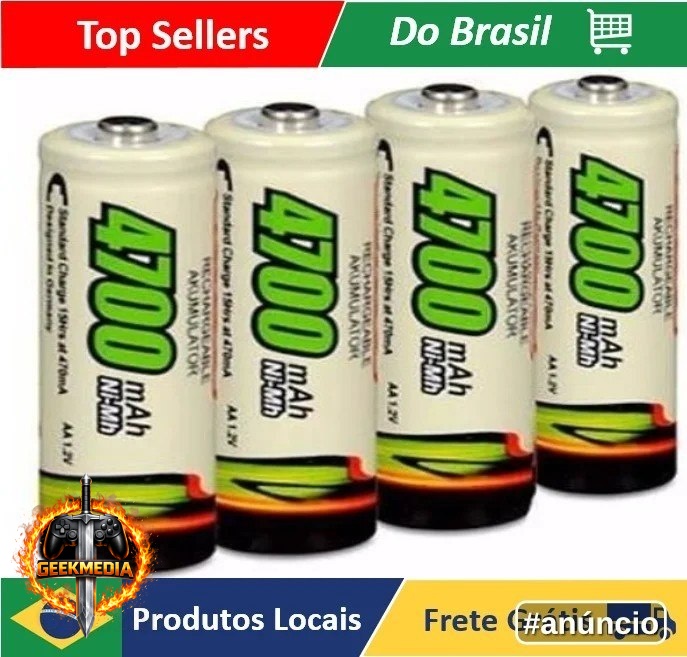 Kit 4 Pilhas AA Recarregáveis 4700mAh Neverdie