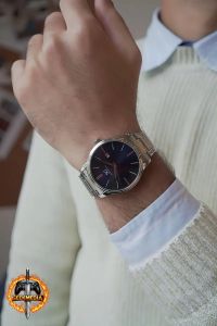 Saint Germain Relógio Masculino 42mm Pulseira Prata Fundo Azul