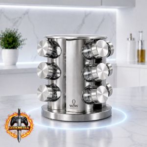Porta Tempero Inox Giratório com 12 Potes de Vidro