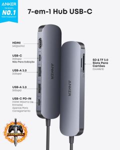 Anker Hub USB-C 7 em 1 - HDMI 4K@60Hz, 85W, 3 Portas USB-A