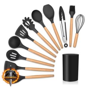 Kit 12 Utensílios De Cozinha Em Silicone E Cabo De Madeira