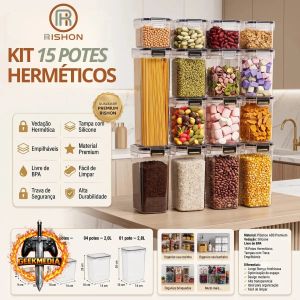 Kit 15 Potes Hermético Cadencia Mantimentos Quadrado Cozinha Branco Rishon 22,4 Litros