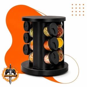 Porta Temperos Condimentos 9 Unidades Potes Vidro Base Giratória Preto Hold On