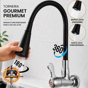 Torneira Gourmet Luxo Flexível Cozinha Parede 2 Jatos Pia Metal Cor Aço Inox e Preto