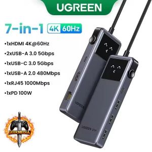 HUB USB-C UGREEN 7 em 1 Adaptador 4K60Hz PD 100W RJ45 1Gbps USB3.0