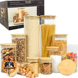 Kit 10 Potes Herméticos Vidro Tampa Bambu Seiri