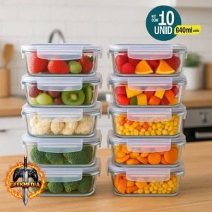 Kit 10 Potes De Vidro Hermético 640ml 4 Travas Cinza