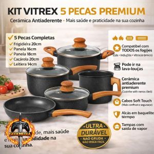 Jogo de Panelas Cerâmico Triplo Indução Vitrex Ecoglid 5 Peças Preto Granito