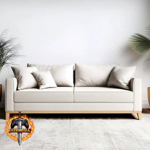 Sofá Living Beny 3 Lugares 1,80m Linho Cru com Base e Pés de Madeira