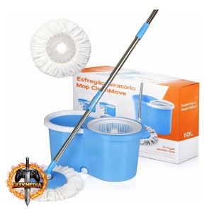 Esfregão Mop Azul Giratório 360 com Cabo Inox Extensor 10L